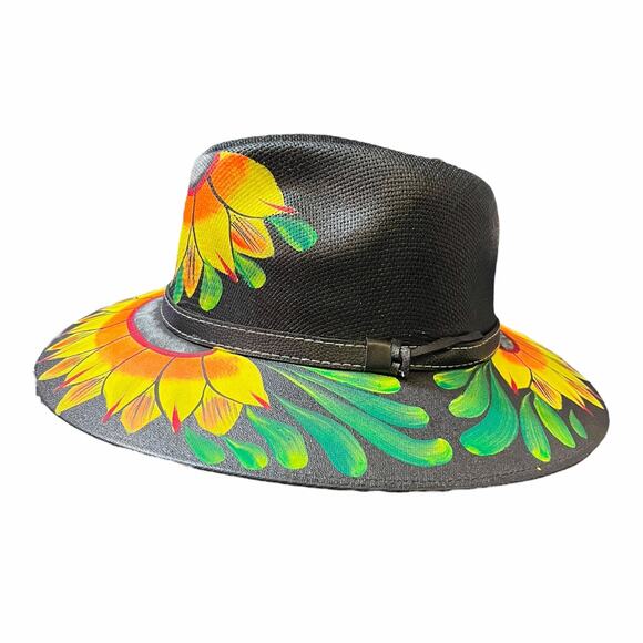 HAT MEXICAN Artisanal Hand Painted Fedora Sunflower Sombrero Panama Bohon Black main image 10